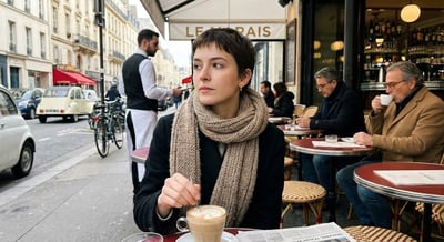 Photorealistic Paris Marais Cafe Terrace Photo (Wednesday Morning, March 2025) thumbnail