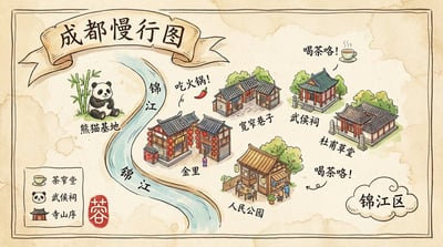 Whimsical Hand-Drawn Chengdu Travel Map on Aged Parchment (Isometric Watercolor & Ink) thumbnail