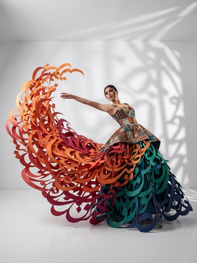 Avant-Garde Paper-Craft Gown with Giant 3D Persian Calligraphy Skirt thumbnail