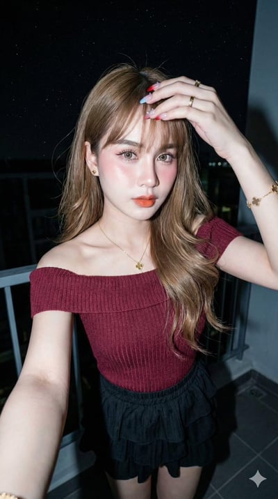 Sweet Realistic Night Balcony Portrait with Direct Flash (8K) thumbnail