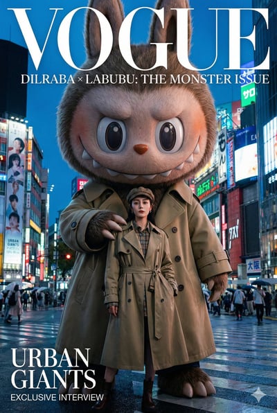 Dilraba × Labubu High-Fashion Magazine Spread — Double Exposure: Urban Odyssey thumbnail