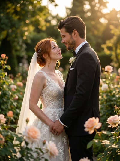 Ultra-Realistic Luxury Garden Wedding Portrait at Golden Hour thumbnail