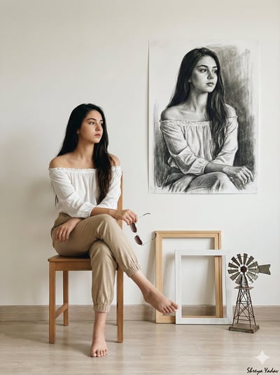 Barefoot Woman on Wooden Chair Facing Her Charcoal Portrait in a Minimalist Gallery thumbnail