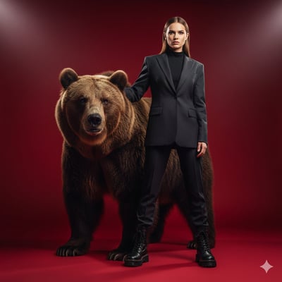 Ultra-Cinematic Fashion Woman with Trained Brown Bear on Solid Red Background thumbnail