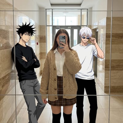 Mixed-Media Reality-Bending Mirror Selfie with 2D Anime Characters (Autumn Academia OOTD) thumbnail