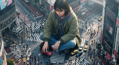 Colossal Korean Woman in a Crowded Tokyo Street (Photoreal Aerial Shot) thumbnail