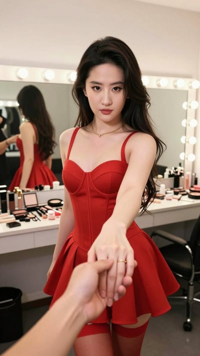 Photorealistic First-Person Hand-Holding Backstage Portrait (Direct Flash, 8K) thumbnail