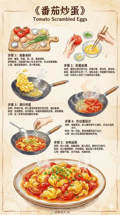 Tomato and Egg Stir-Fry Watercolor Recipe Infographic (9:16 Vertical) thumbnail