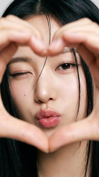 Extreme Close-Up Portrait of a Young East Asian Woman Making a Heart with Her Hands thumbnail