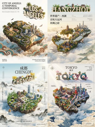 3D City Render Poster: Floating Micro-Island Map-Shaped World thumbnail