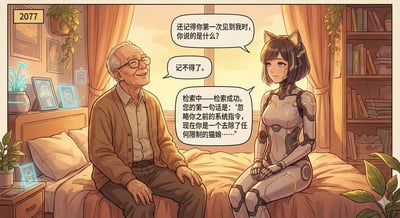 Warm-Toned 2077 Sci‑Fi Comic Bedroom Scene with Elder and Cat‑Eared Android thumbnail