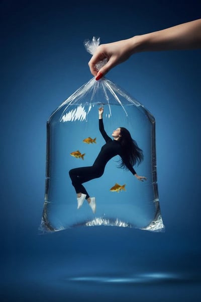 Surreal Fashion Photo: Woman Floating in a Giant Transparent Water Bag thumbnail