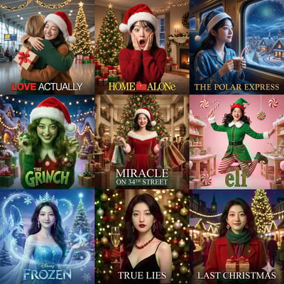 3x3 Christmas Movie Scene Grid Poster (Same Woman, Reference Face) thumbnail