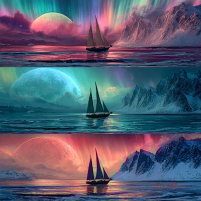 Three Fantasy Sailboats Under Aurora Skies in a Dreamy Ocean Landscape thumbnail