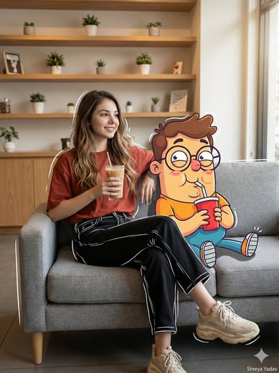 Cinematic Mixed-Media Coffee Shop Portrait with Cartoon Companion thumbnail