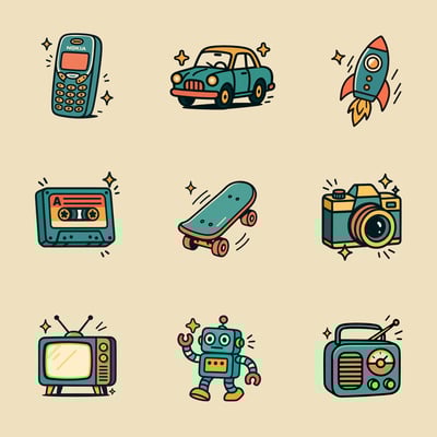 Retro Cartoon Icon Illustration (Flat Vector, Bold Black Outline) thumbnail