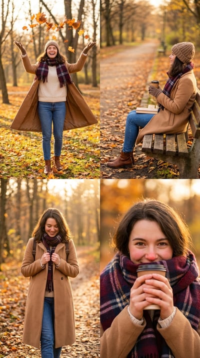 Cozy Autumn Fashion Lifestyle 4-Panel Photo Collage in Nature thumbnail