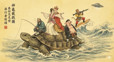 Gongbi Ink Painting: Journey to the West Turtle Titanic Parody thumbnail