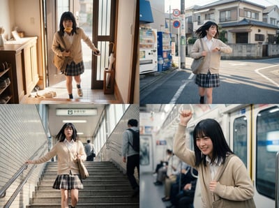 Japanese Girl Rushing to Catch the Subway (Cinematic 2x2 Four-Panel) thumbnail