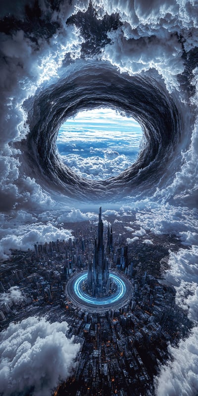 Massive Vortex Breaking Storm Clouds Over a Futuristic City thumbnail