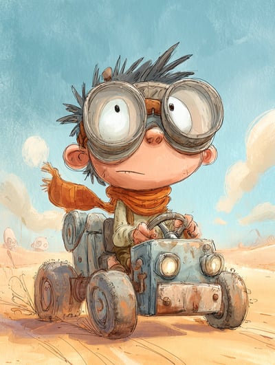 Cute Post-Apocalyptic Cartoon Boy Driving a Makeshift Vehicle in the Desert thumbnail