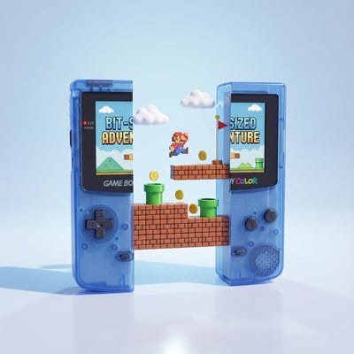 Split Handheld Game Console 3D Render with Floating Retro Platform World thumbnail
