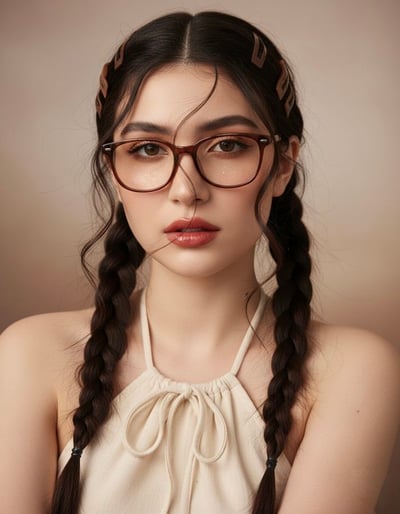 Hyperrealistic K-Fashion Close-Up Portrait with Twin Braids & Cat-Eye Glasses thumbnail