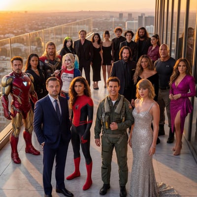 Hyper-Realistic Celebrity Group Shot on a Sunset Rooftop Terrace (8K Editorial Cover) thumbnail