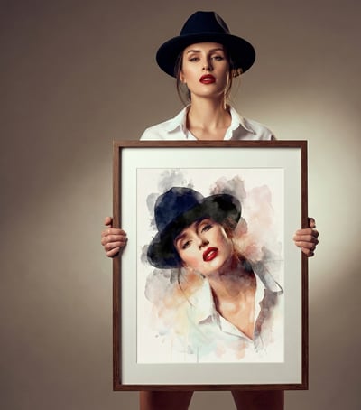Fashion Portrait: Woman Holding a Wooden Frame with Watercolor Self-Portrait thumbnail