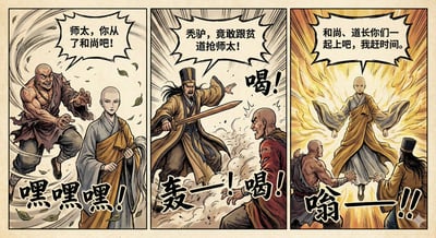 Hong Kong Wuxia 3-Panel Comic: Monk vs. Taoist vs. Abbess thumbnail