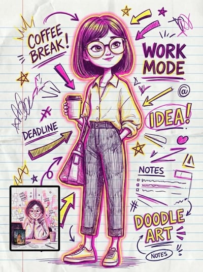 Neon Notebook Doodle Portrait Transformation (Img2Img) thumbnail