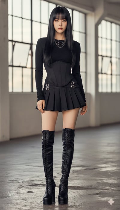 Photoreal Full-Body East Asian Idol Fashion Portrait in All-Black thumbnail