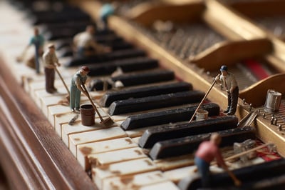 Tiny Cleaners on a Grand Piano Keyboard (Tilt-Shift Portrait Photo) thumbnail