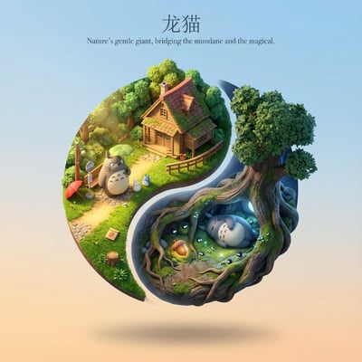 Floating Yin-Yang Cute 3D Cartoon Diorama Emblem (Isometric C4D Poster) thumbnail