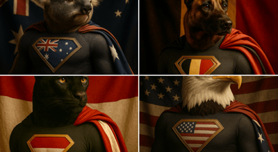 Hyper-Realistic Superhero Animal Portrait with National Flag Emblem thumbnail