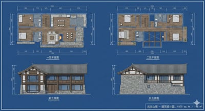 New Chinese Two-Story Wudang Mountain Hillside House Blueprint (1600 sq ft) thumbnail