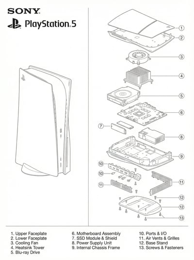 PS5 Technical Blueprint Diagram (Two-Panel Exploded View) thumbnail