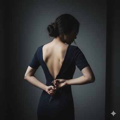 Low-Key Cinematic Portrait of an East Asian Woman Unzipping a Dress (Back View) thumbnail