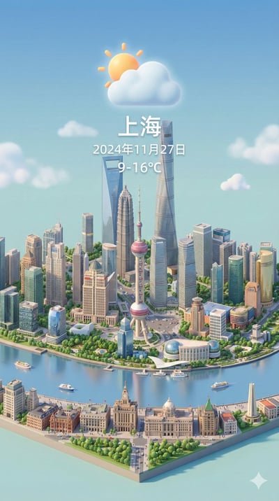 Shanghai Dynamic City Weather Card (Isometric 3D Cartoon, 9:16) thumbnail