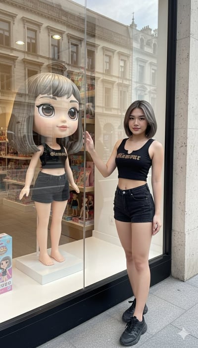 High-End Street Fashion Photo by a Luxury Toy-Shop Window with Matching Cartoon Doll thumbnail