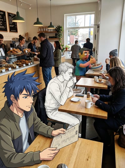 Busy Cafe Breakfast Photo with Anime, Pencil Sketch, and Claymation Characters thumbnail