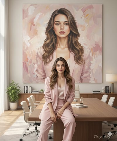 Cinematic Luxury Office Scene with Large Pastel Oil Portrait Backdrop thumbnail
