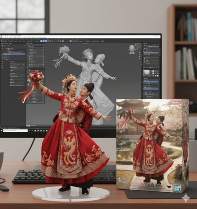 Realistic 1/7 Scale Figure on Desk with ZBrush Screen & Bandai-Style Packaging Box thumbnail