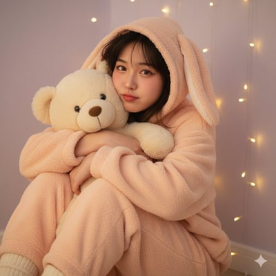 Cozy Pastel Peach Fluffy Pajama Girl Hugging a Teddy Bear in Fairy-Lit Bedroom thumbnail