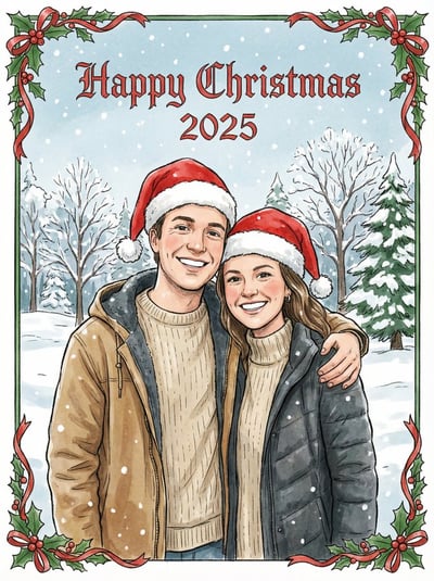 Traditional Winter Wonderland Christmas Card with Couple in Santa Hats (Happy Christmas 2025) thumbnail