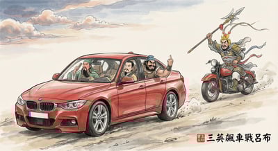 Ink Wash Mashup: Three Heroes Drift a Red BMW vs Lü Bu on a Retro Harley thumbnail