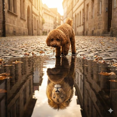 Small Poodle, Lionhearted Reflection in a Puddle thumbnail