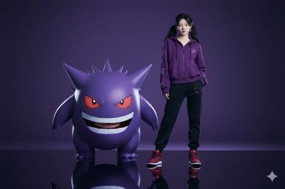 Hyper-Realistic Editorial Portrait with Giant Gengar on Reflective Floor thumbnail