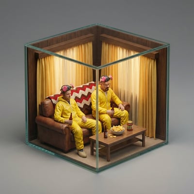 Hyper-Realistic Isometric Movie Scene Miniature Diorama in a Glass Cube thumbnail