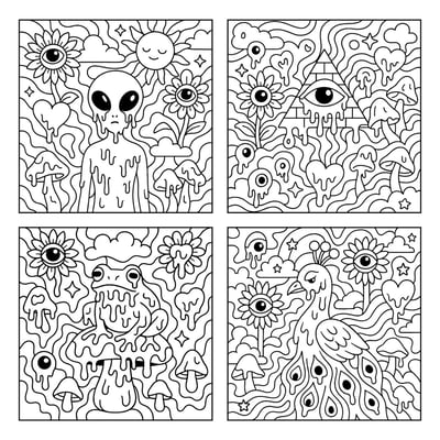 Surreal Psychedelic Melting {{SUBJECT}} Coloring Page (Black & White, Square) thumbnail